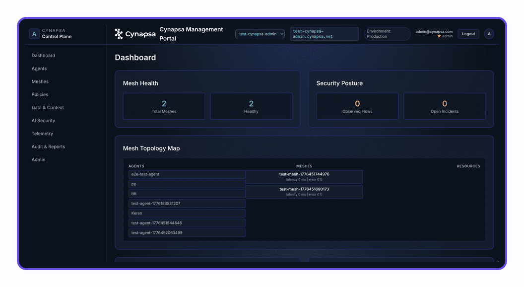 Cynapsa management portal connecting agents across environments